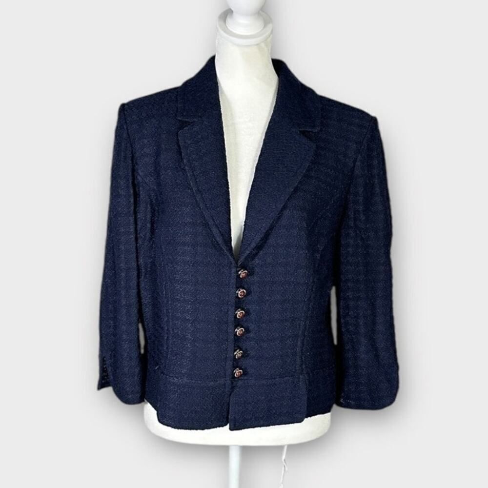 St. John Blazer Jacket Women's Large Navy Blue 3/4 Sleeves Front Button Closure